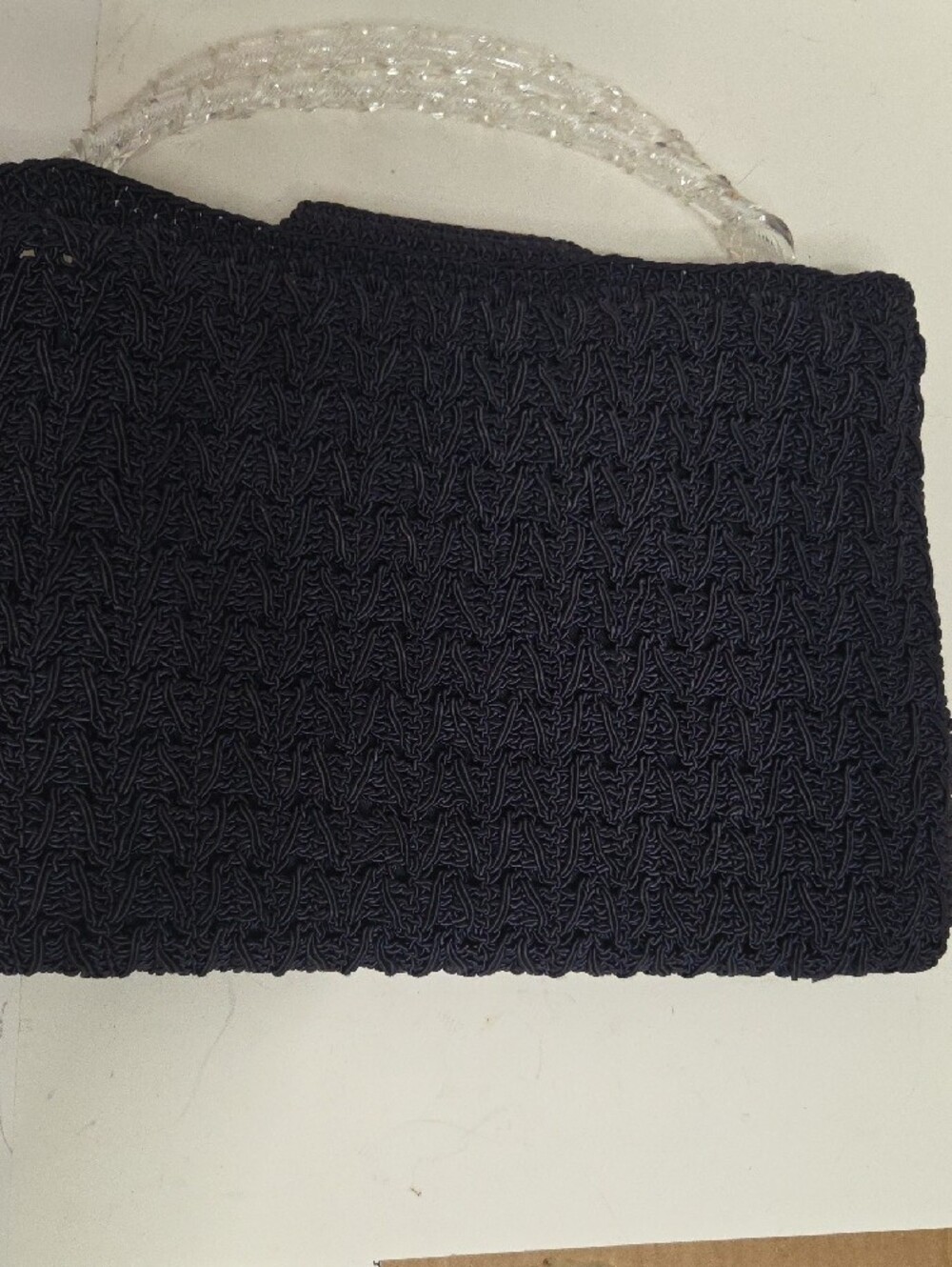 Vintage 1940s Navy Blue Corde Crochet Handbag with Carved Lucite Clasp 19x9 In . - Picture 2 of 6